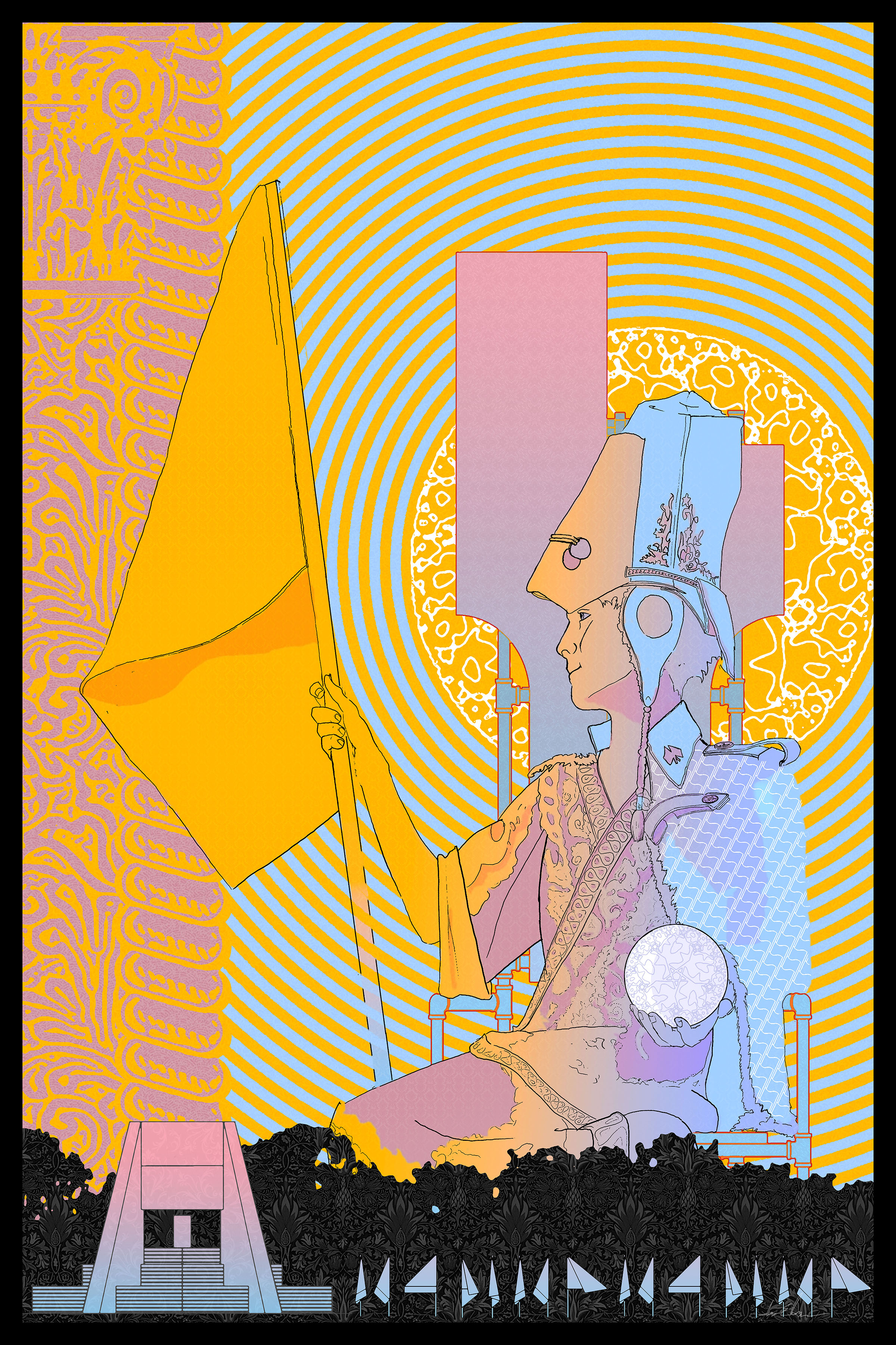 "The Glorious, Life Giving Sun You Ungrateful Bastards" depicting the First Vexillomancer as the Flag Maker.