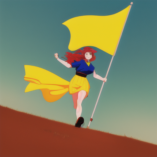 An anime hottie runs towards camera holding a Yellow Flag